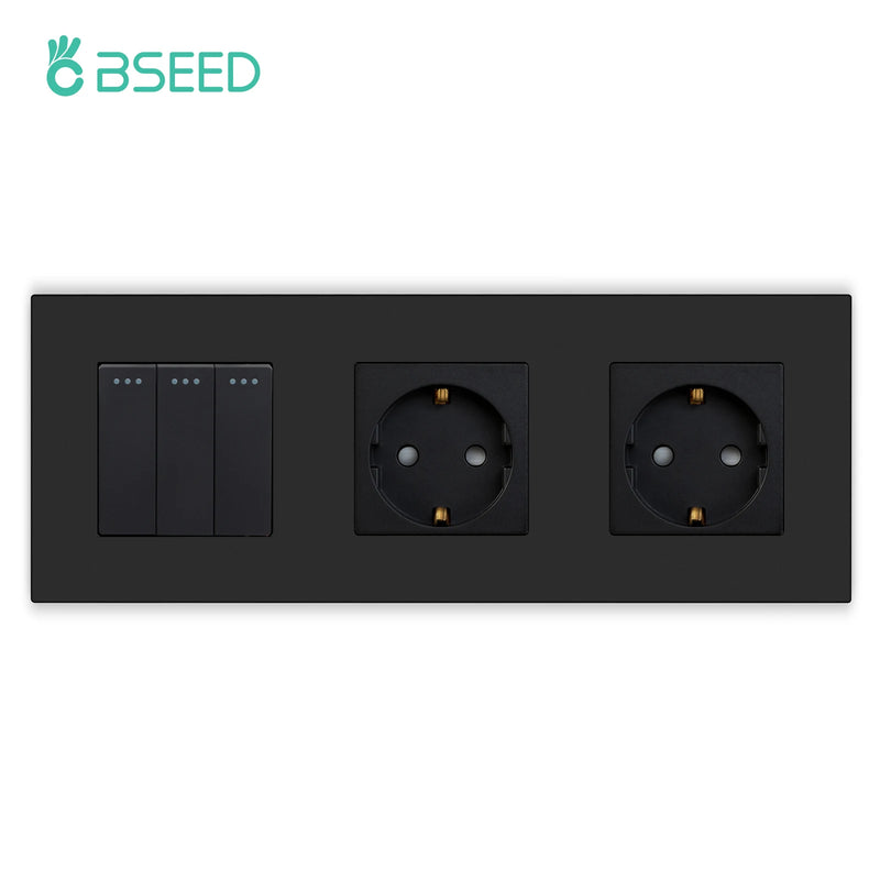 BSEED EU Button Switches With Power Socket 1/2/3Gang 1Way Electrical Outlets With USB Type-C Wall Socket 16A Plastic Panel
