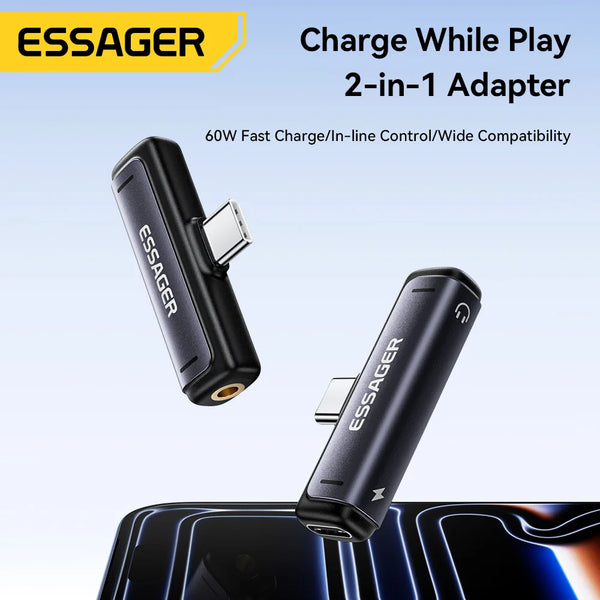 ឧបករណ៍សាកថ្ម និងអូឌីយ៉ូ Essager 2-in-1 USB Type C ទៅ 3.5mm ឧបករណ៍បម្លែងអូឌីយ៉ូ Aux សម្រាប់កាសស្តាប់ត្រចៀក 60W សម្រាប់ MacBook iPhone Xiaomi
