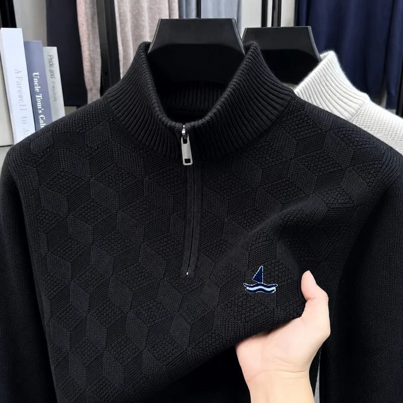 High-End Man Snug Long-Sleeved Knitwear Mock Neck Zipper Embroidery Diamond Pattern Autumn Winter New Pullover Leisure Sweater