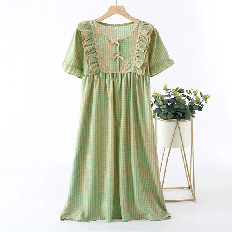 Women's Sleeping Clothes Casual Plaid Short Sleeve Cotton Nightgown Woman Sweet Bow Ladies Summer Home Wear Dress Night Shirt