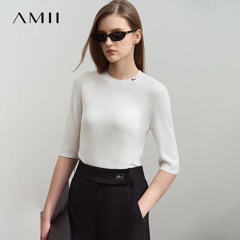 អាវយឺតប៉ាក់ Amii Minimalism សម្រាប់ស្ត្រី 2026 រដូវស្លឹកឈើជ្រុះ ដៃមធ្យម ក រាងអក្សរ O អាវផាយដែលអាចបត់បែនបាន អាវប៉ាក់ស្លីម 12541082