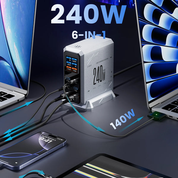 ឆ្នាំងសាក GaN ឌីជីថល 240W PD3.1 140W USB ប្រភេទ C 6 រន្ធ ស្ថានីយសាកថ្មលឿនសម្រាប់ iPhone Samsung Xiaomi MacBook កុំព្យូទ័រយួរដៃ