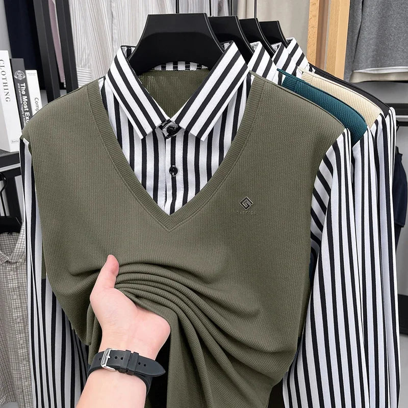 Mens Business Fake Two Piece Sweater Shirt Long Sleeve Striped Collar V Neck Pullover For Work