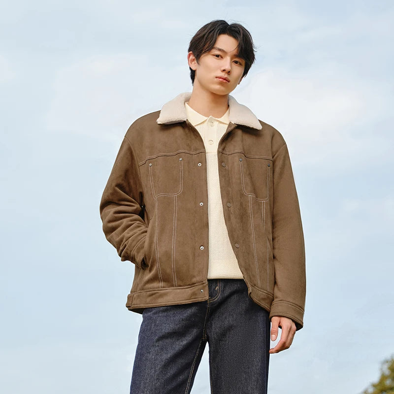 Semir Faux Suede Jacket Collar Fleece Lined Men 2025 Winter Vintage Style Workwear Loose Fit Warm Casual Outerwear Coat