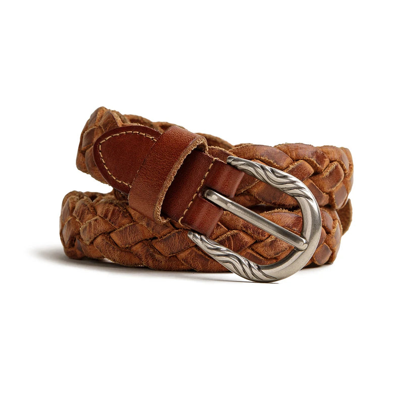 Maden Vintage Woven Vegetable Tanned Cowhide Leather Belt Accessories with Two-layer Cowhide for Men's Versatile Brown Belt