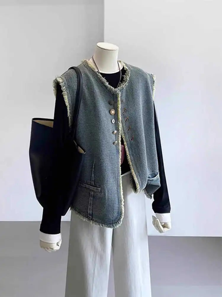 Retro Rough Edge Denim Vest Jacket Women's Spring Autumn Coat Fashionable Loose Sleeveless Top Female Waistcoat Casacos Traf