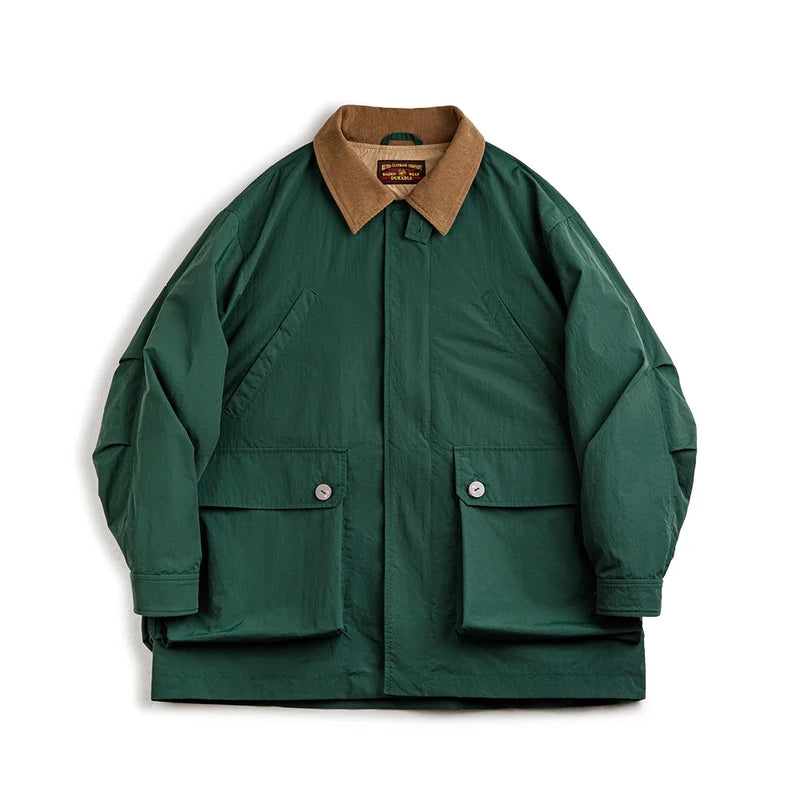 Maden Men's Retro Multi-pocket Safari Jacket Green Loose Corduroy Lapel Classic Coat Versatile Outerwear for Spring and Autumn
