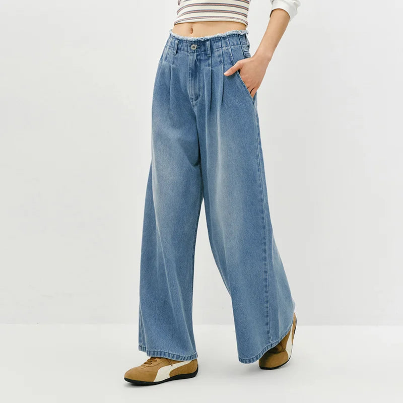 Semir Stylish Jeans Women 2026 Spring Raw Hem High Waist Wide Leg Floor Length Leg Lengthening Fashion Trousers