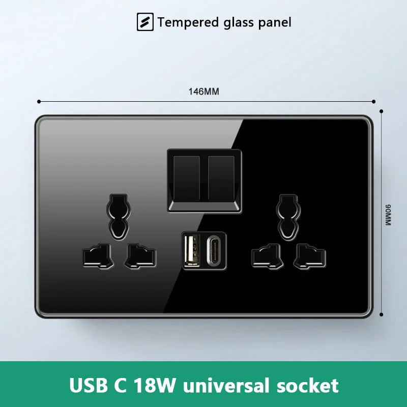 UK 13A Wall Socket with Type-C 18W Fast Charging Plug Socket,Glass Panel Power Double Universal Outlet with Quick USB C charge