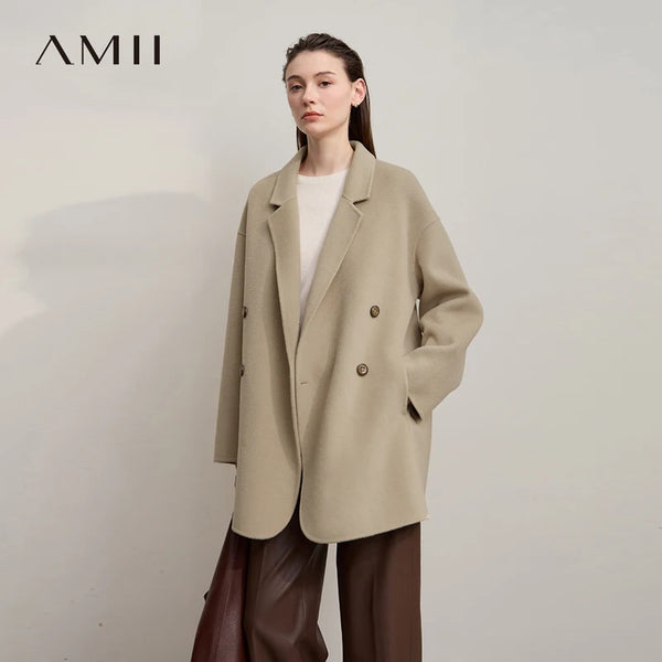 Amii Women's Coat 2026 Winter New Loose Double Breasted Versatile Women's Jacket Long Sleeves 100% Wool Overcoat Female 12524036