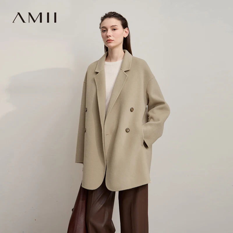 Amii Women's Coat 2026 Winter New Loose Double Breasted Versatile Women's Jacket Long Sleeves 100% Wool Overcoat Female 12524036