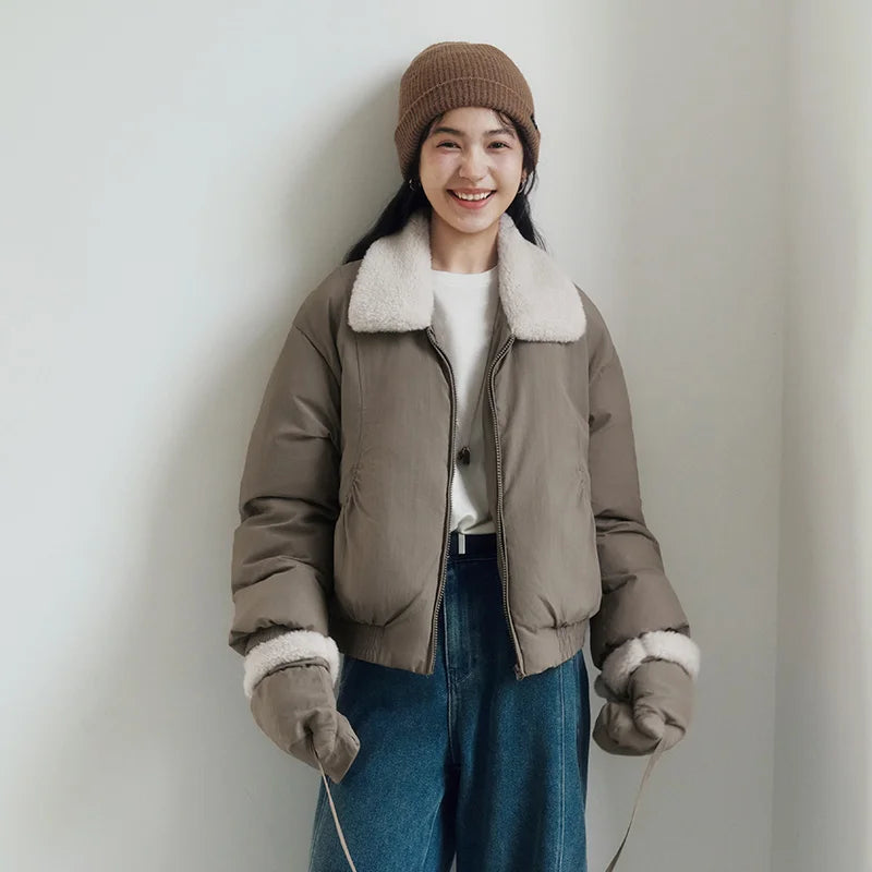 Semir Cotton Coat Women Winter Fleece Lapel Glove Loose Paneled Textured 2025 New Fashion Retro Casual Cotton Jacket