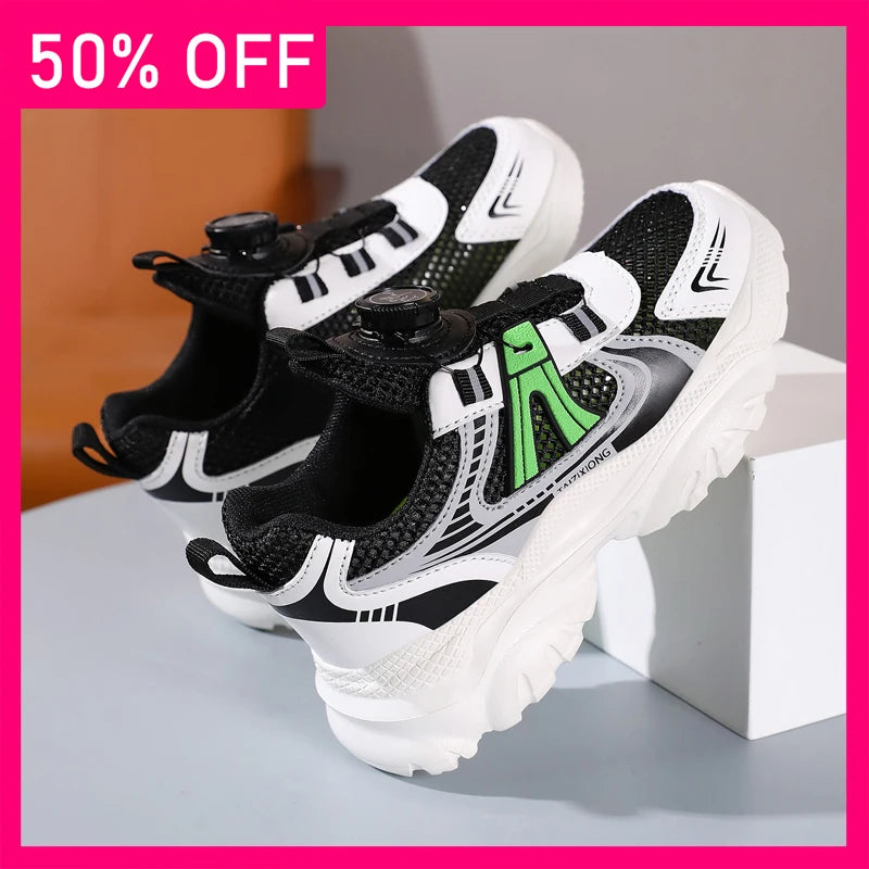 Kids Sneakers New Rotating Buckle Breathable Mesh Thick Sole Rebound Fitness Shoes Comfortable Versatile Casual Shoes for Girls