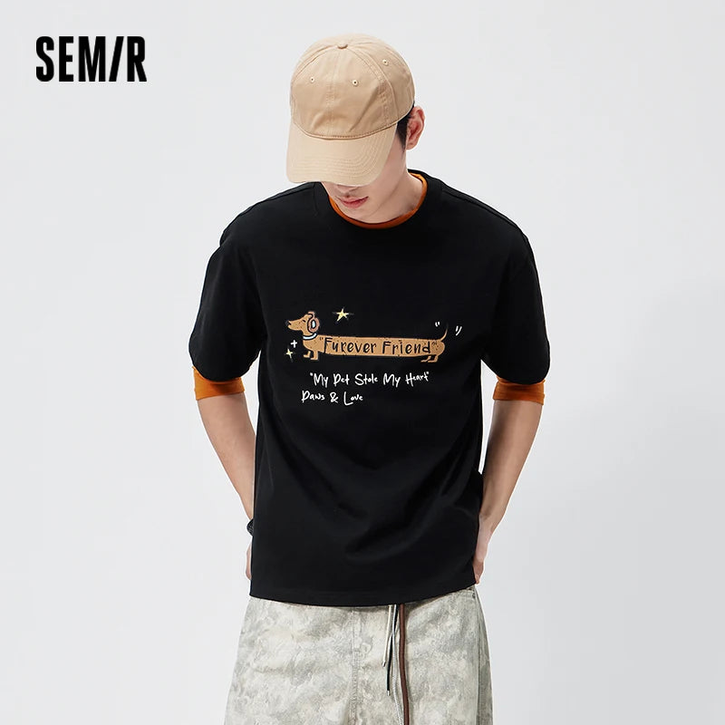 Semir Mens Tshirt 2026 Vintage Cute Animal Letter Printed Knitted Loose Couple Style Casual