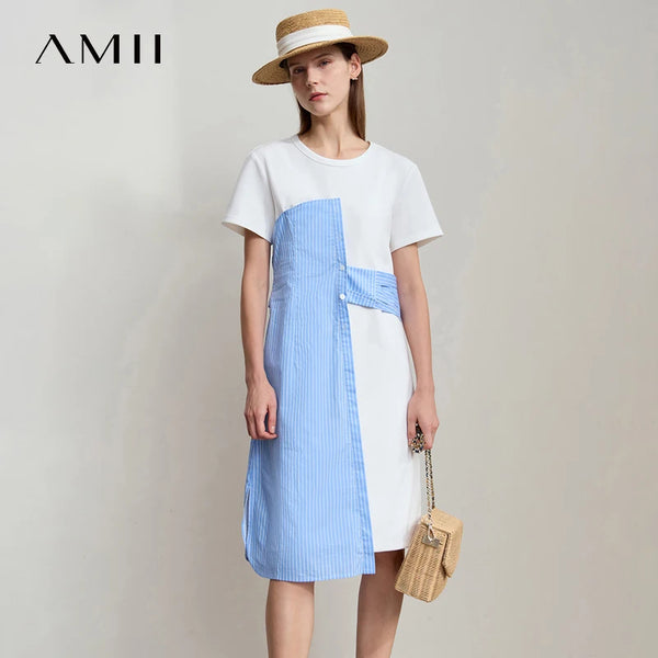 រ៉ូបរដូវក្តៅ AMII Minimalism សម្រាប់នារី កអាវខ្លី ដៃខ្លី ឆ្នូតយឺត ពណ៌ផ្ទុយ រ៉ូបចូលរួមពិធីជប់លៀង 12542262