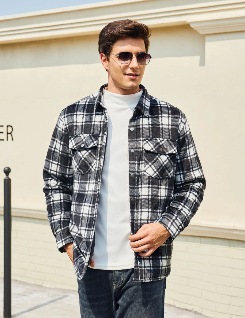 TACVASEN Men's  Quilted Lined Plaid Flannel Jacket Winter Shirt Long Sleeve Button Casual Thickened Coat with 5 Pockets Outwear