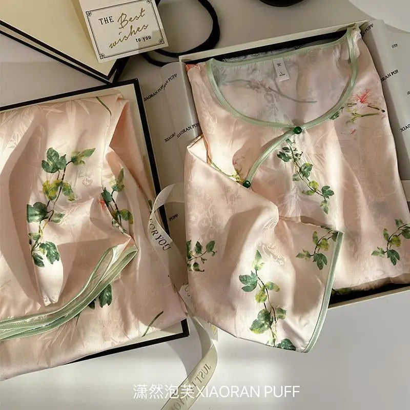 High End Silk Satin Sleepwear Women Elegant Printed Spring Autumn Home Clothing Long Sleeve Ladies Nightwear Pyjamas Femme Set