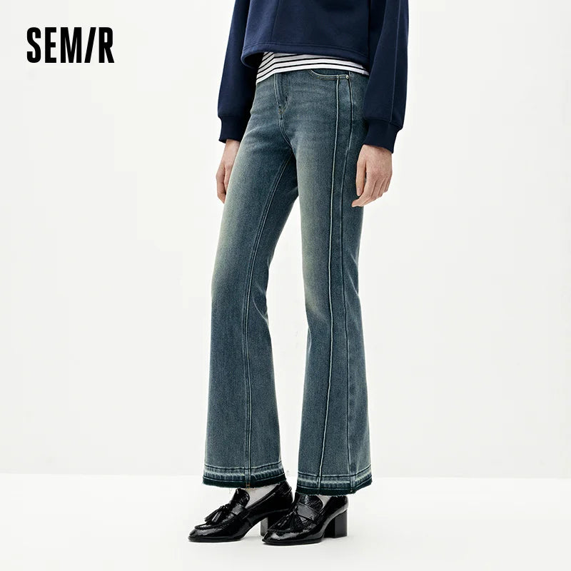 Semir Women Jeans Slim Fit Flared Leg Solid Color Open Hem 2026 Winter Denim Fabric Everyday Style Full Length Comfort Fit