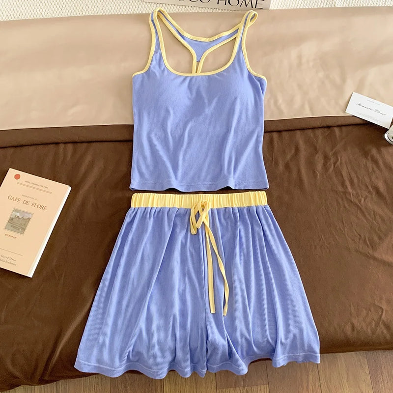 2 Piece Sleeveless Tops and Shorts Lounge Sets Chest Pad Women's Pajama Set Summer Home Clothing Pijama Sleepwear Suit Homewear