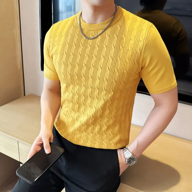 Men's Summer Slim Fit Knitted Polo Shirt - Mature Style Short Sleeve Grid Pattern Business Casual Top with Contrast Collar