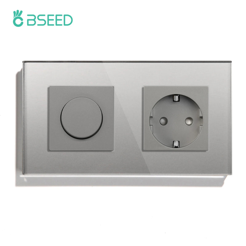 BSEED Mechanical Dimmer Light Switch Plus EU Socket USB Type-C Port Power Outlet Led Dimmable Switch Glass Frame 10A