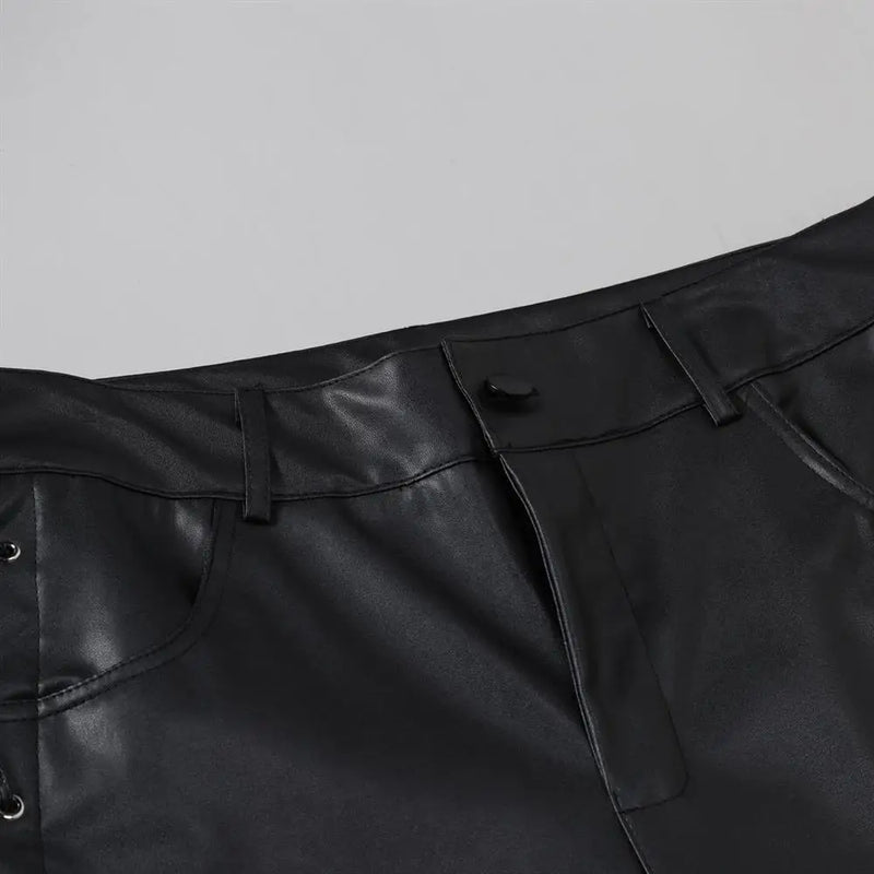 2026 New Men's Black PU Pants, Biker Faux Leather Trousers Red Fashion Casual Pant Lace-up Trim on Left and Right Sides S-5XL