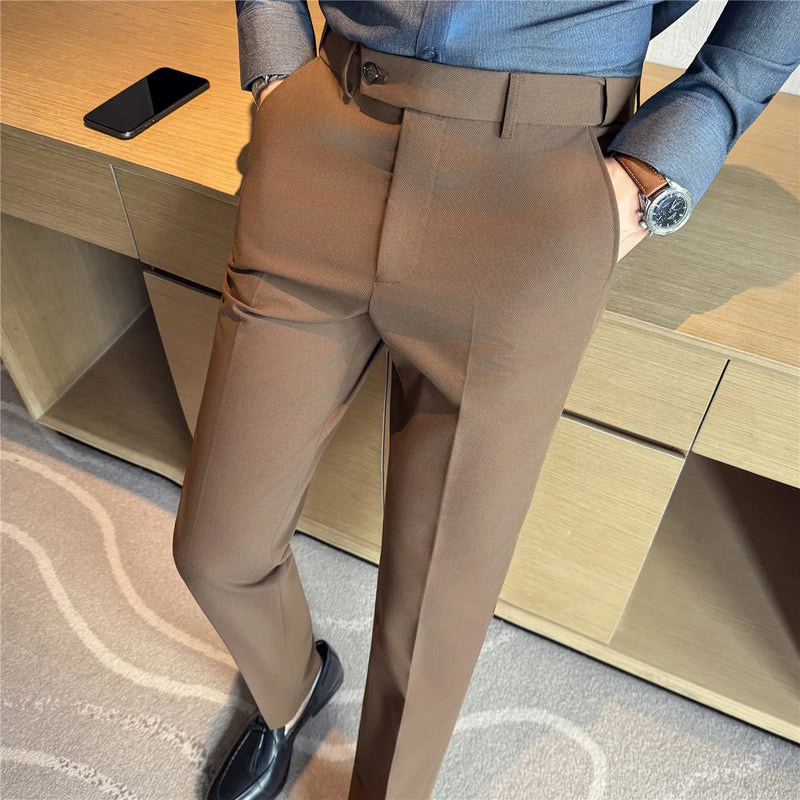2026 Men's Slim Fit Striped Dress Pants Brown Formal Business Suit Trousers for Office And Wedding Wear High-Quality