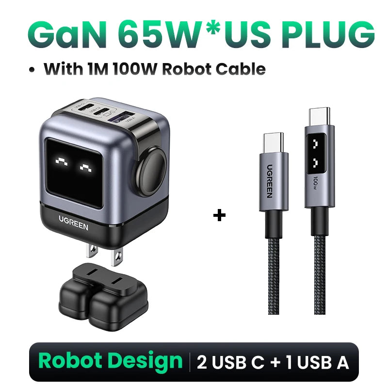 【US Plug】UGREEN 30W 65W GaN Charger Robot Design PD3.0 Fast Charger PPS for iPhone 18 17 Macbook Laptops Samsung XiaomiTablets