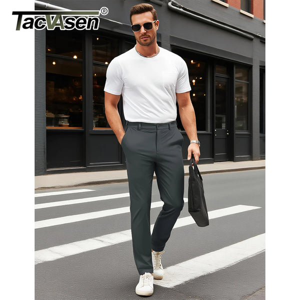 TACVASEN Men's Casual Pants Straight Legs Flat Front Pants Waterproof Stretch Waist Trousers for Golf Lightweight Work Pants