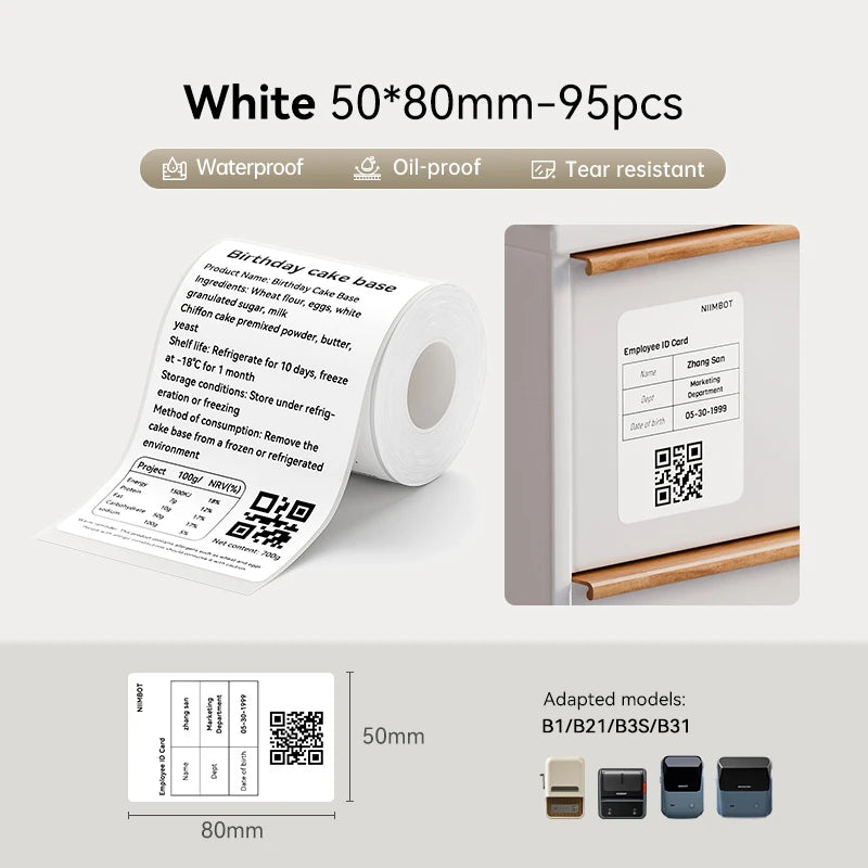 1 Roll NIIMBOT White/Cold Thermal Adhesive Label for B1 B21 B3S B31 B4 Anti-Oil Tear-Resistant Price Tag Home Bussiness Use