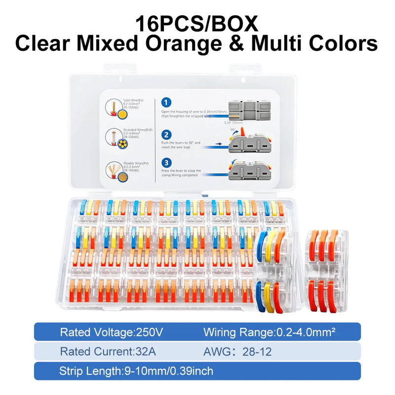 TOMZN 16PCS Lever Wire Connectors 3 In 3 Out Quick Splicing Terminal Blocks 32A 250V for 28-12AWG Solid Stranded Flexible Wires