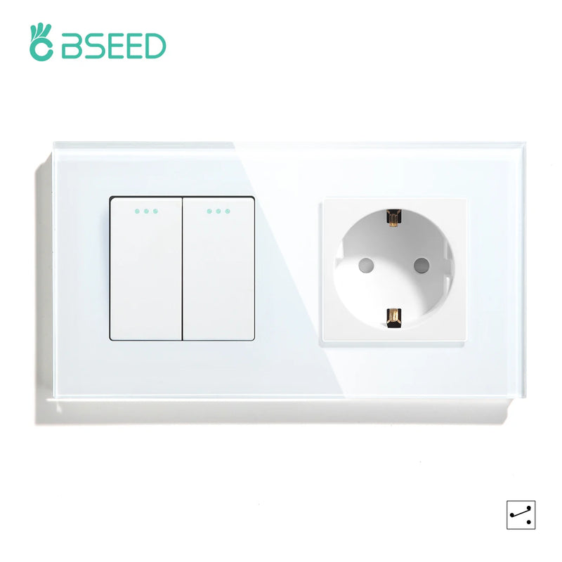 BSEED Mechanical Light Switch Wall Socket Glass Frame 1/2/3Gang 2Way Wall Switch Power Outlet Button Switches Wall Socket