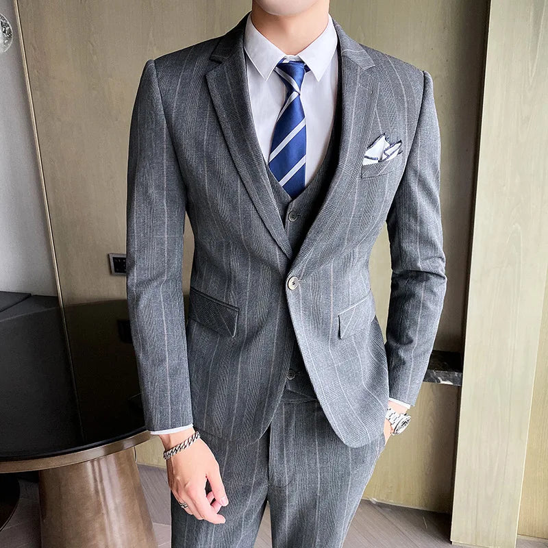 2026 Men Black Classic Striped/Checked Suits, Men's Business Office 3-Piece, Asian Size Slim Fit Sets, Blue/Gray Available