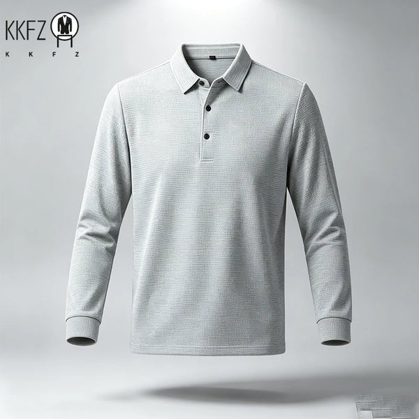 Men Long Sleeve Lapel Polo Shirt Lightweight Textured Knit Button Top Suitable For Business Meeting Daily Wear