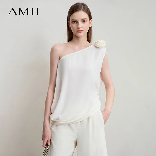 Amii Minimalist Casual Light Luxury Chiffon Shirt Women 2026 Summer New Party Stereo Flower Slant Neck Shoulder Blouses 12542144