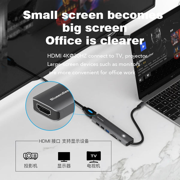 មជ្ឈមណ្ឌលប្រភេទ C របស់ Blueendless 4K 30Hz ដែលឆបគ្នាជាមួយ HDMI PD 100W USB3.0 HUB ឧបករណ៍បំបែក USB TF SD Reader អាដាប់ទ័រ USB សម្រាប់ Macbook Air Pro