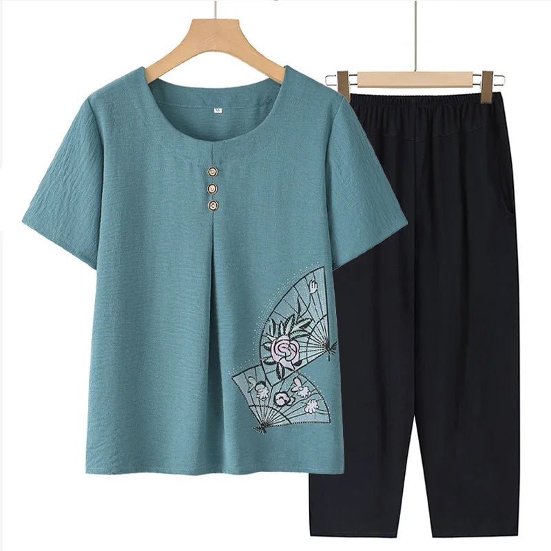 ឈុតគេងសម្រាប់ស្ត្រី XL-5XL ខោកាព្រីដៃខ្លី កប្បាស បោះពុម្ពបែបវីនថេច សម្លៀកបំពាក់សម្រាប់យាយ រលុង ម្តាយចាស់ជរា