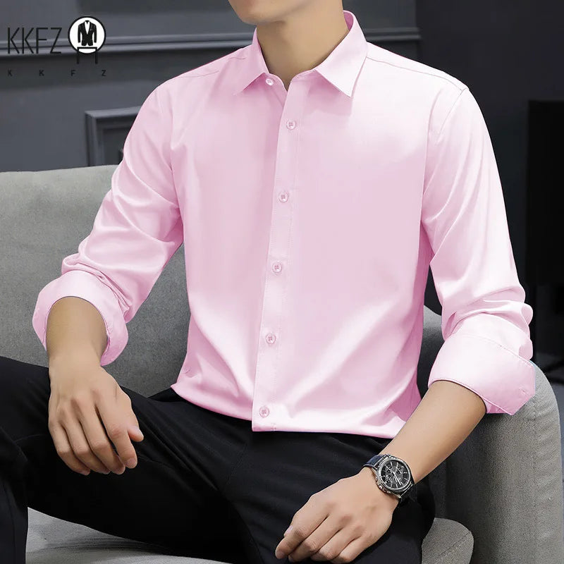 Men's Business Casual Long Sleeve Shirt Solid Color Wrinkle Resistant Comfortable All-Season Versatile Solid Color Top
