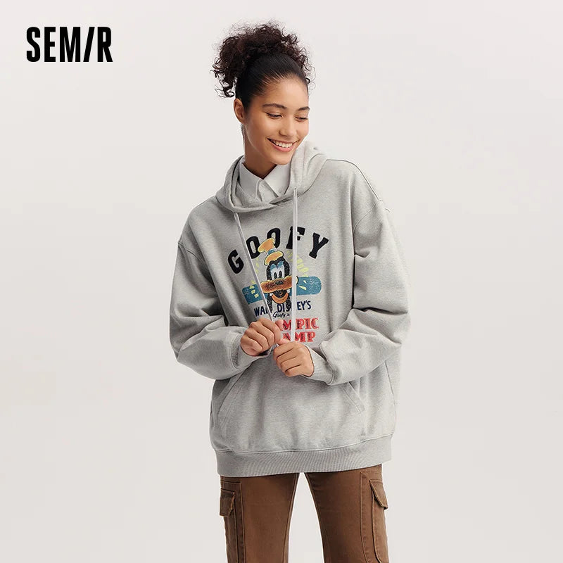 Semir Trendy Hoodie Women Spring Mid Length Hooded Loose Print Embroidery Heavyweight Stylish Streetwear Casual Top