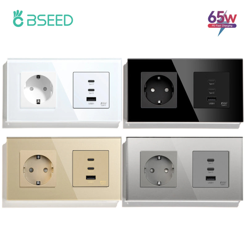 BSEED GaN3 Universal Socket 65W PD Fast Charge Port USB Type-C Quick Charge With Wall Power Socket Glass Panel 100V-240V