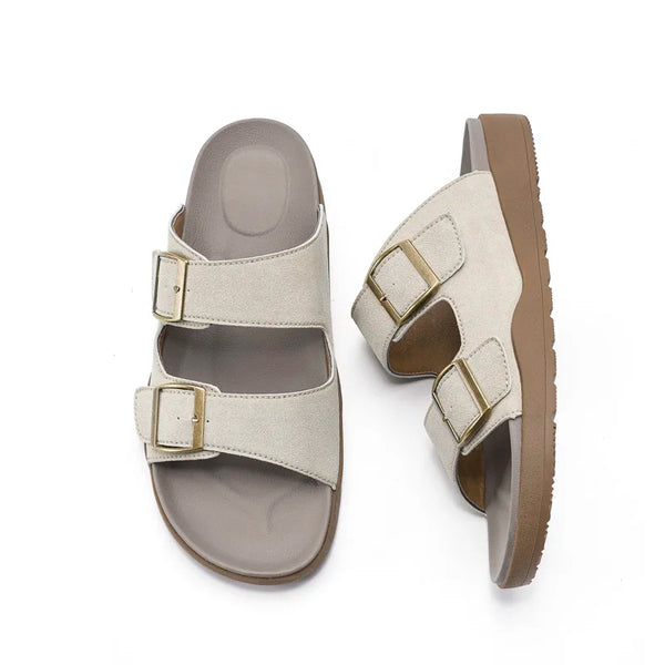 Men Women Two Strap Buckle Slide Sandals Adjustable Metal Buckle Comfort Footbed Flat Slides Orthopedic Summer Beach Slippers