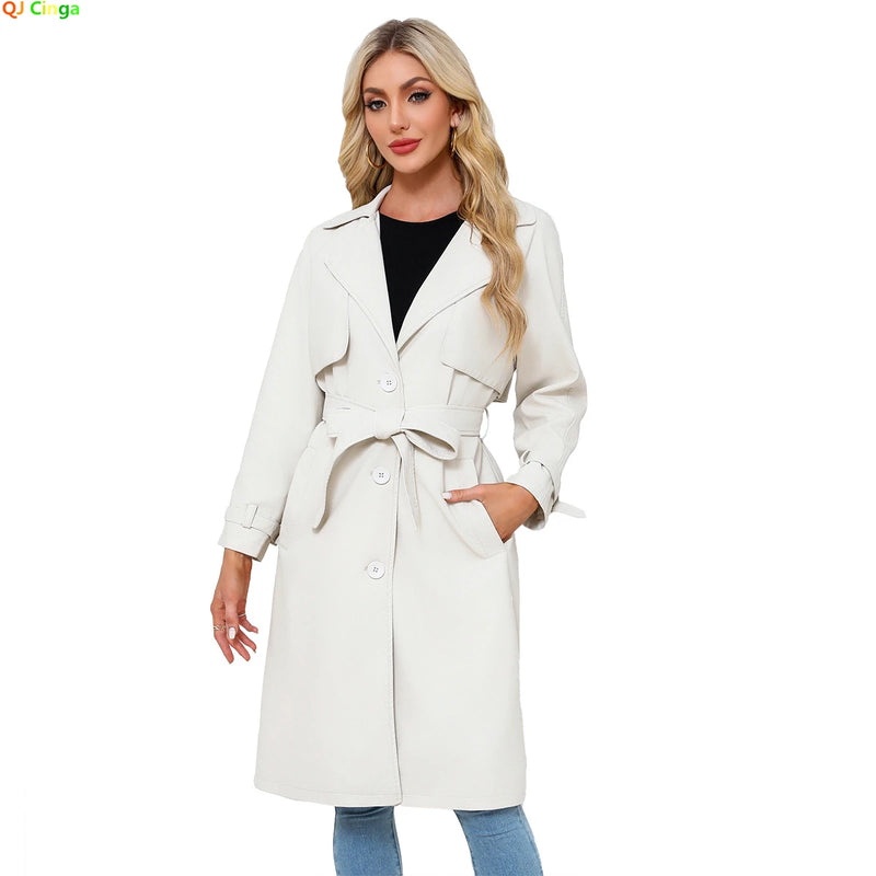 Women's Beige Loose Lace Up Long Leather Jacket,Black Single Breasted Lapel PU Coats,Brown Camel Available, European Size Tops