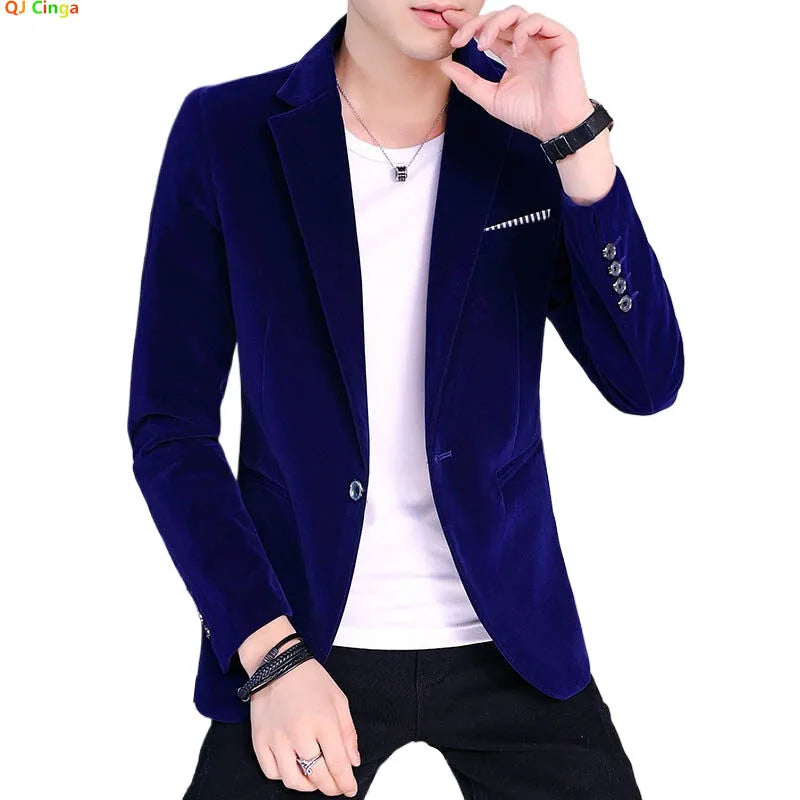 Men's Blue Long Sleeve Blazer Jacket, Business Casual Corduroy Fabric Coats, Korean Slim Style Suit Jackets, Asian Size M-5XL