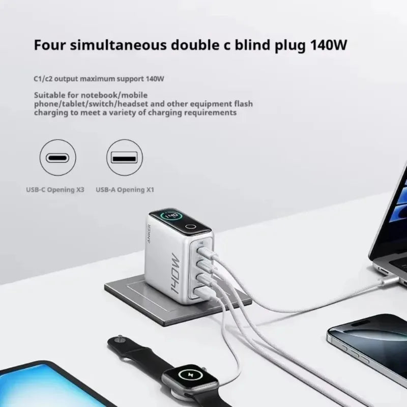 ឆ្នាំងសាកជញ្ជាំង Anker B2697 Zolo 140W GaN រន្ធច្រើនសម្រាប់បង្ហាញឆ្លាតវៃ PD លឿន ជាមួយខ្សែ USB-C ទំហំ 1.5M 240W សម្រាប់ទូរស័ព្ទកុំព្យូទ័រយួរដៃ