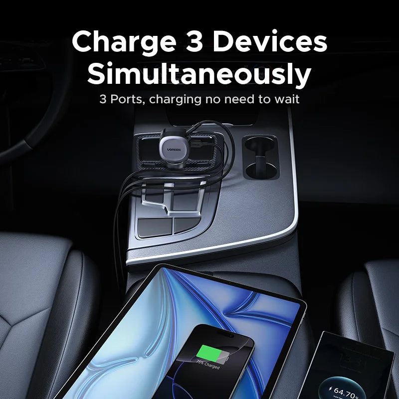 UGREEN 75W Car Charger 2 in 1 Retractable Cable SCP 25W QC PD 30W Fast Car Phone Charger For iPad iPhone 17 16 15 14 Pro Samsung