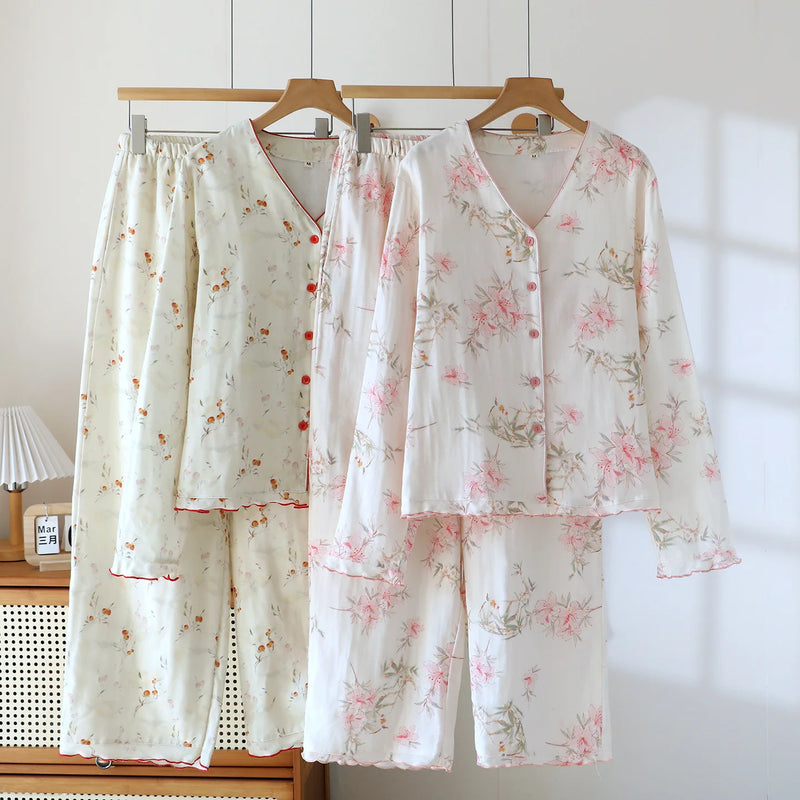 Floral Home Suit for Women Sleepwear Spring Autumn Long Sleeve Pajamas Two-piece Women's Set Night Wear for Ladies Pijama Pyjama
