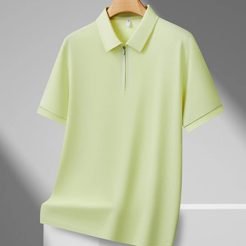 Men's Zipper Polo Shirt – Soft Lyocell Linen Silk Blend, Breathable & Stretchy, Business Casual Short Sleeve for Summer Travel