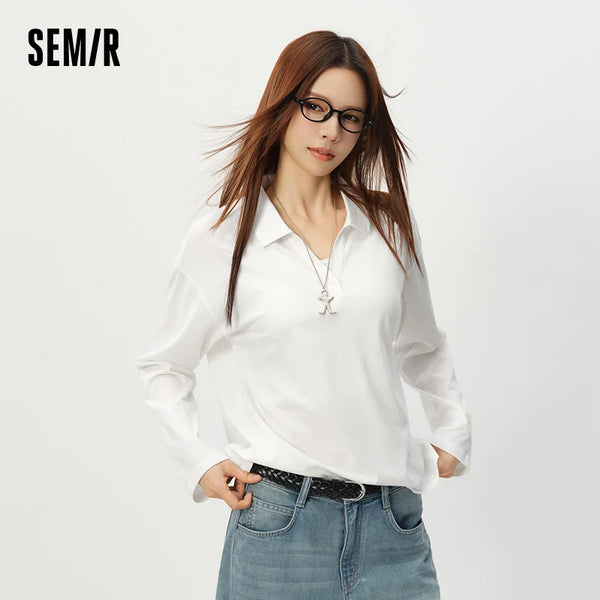 អាវប៉ូឡូ Semir សម្រាប់នារី ដៃវែងពណ៌ស រលុង បោះពុម្ព សាមញ្ញ ខ្ជិលច្រអូស ងាយស្រួលប្រើ រដូវក្តៅ ឆ្នាំ២០២៦