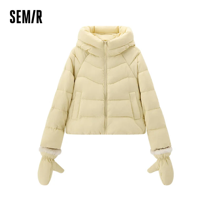 Semir Women Padded Jacket Raglan Sleeve Textured Loose Fit Hooded Glove Detail Minimal Style 2026 New Winter Daily Wear
