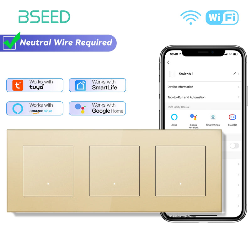 BSEED WIFI Smart Push Button Switch 1/2/3/4Gang 2Way APP Remote Control Glass Panel LED Indicator Tuya Smart Life Alexa Control
